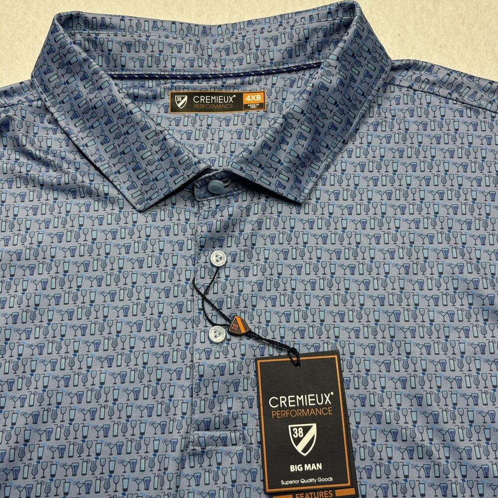 NWT Cremieux Men’s 4XB Blue Polo Golf Shirt / Wine & Cocktail Glasses / $69.50
